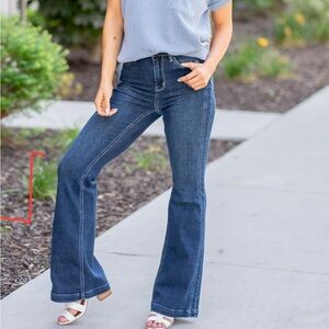 Caroline High Waisted Judy Blue Flare Jeans Sz 9/29 Angled Side Seam Dark Wash